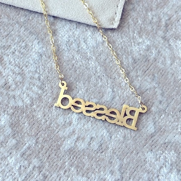 Brand New “Blessed” Gold Tone Word Necklace w/ Pouch - Picture 8 of 13